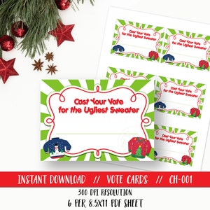 May include: Green and white printable vote cards with the text "Cast Your Vote for the Ugliest Sweater." The cards feature illustrations of ugly sweaters. The image also includes Christmas decorations.