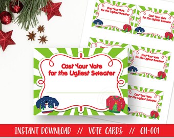 May include: Green and white printable vote cards with the text "Cast Your Vote for the Ugliest Sweater." The cards feature illustrations of ugly sweaters. The image also includes Christmas decorations.