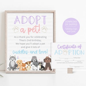 Adopt a Pet Sign, Pet Adoption Certificate, Cat Dog Birthday, Dog Animal Adoption, Stuffed Pet Adoption, Puppy Kitten Birthday Decor