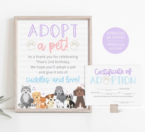 Adopt a Pet Sign, Pet Adoption Certificate, Cat Dog Birthday, Dog Animal Adoption, Stuffed Pet Adoption, Puppy Kitten Birthday Decor