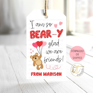 Beary Valentine Cards for School, Printable Valentines for Kids, Bear  Valentine Card, Gummy Valentine Cards for Classroom, Valentine Tags 