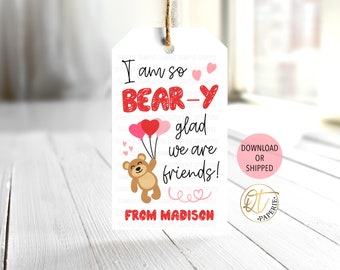 Beary Glad We are Friends Valentines Tag, Bear Graham Cracker Tag Valentines Day, Classroom Teddy Bear Gummy Treat Tag, Kid Valentine Day