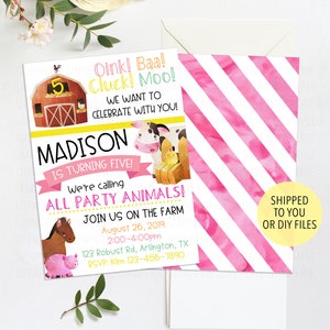 Pink Farm Birthday Invitation, Petting Farm Birthday Invite, Girl Farm Invitation, Cow Birthday Party, Farm Party, Printed Invitations