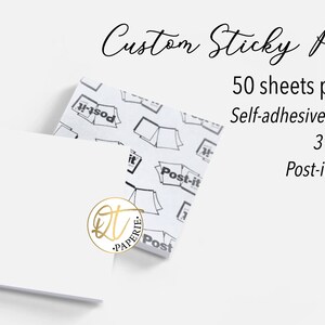 May include: A pack of 50 white Post-it&reg; Brand sticky notes with a self-adhesive backing. The notes are 3 inches by 3 inches and feature a repeating pattern of Post-it&reg; note icons.