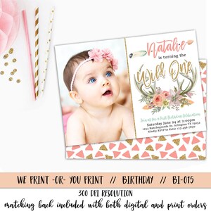May include: A pink and gold birthday invitation with a photo of a baby girl. The invitation says "Natalie is turning the Wild One" and includes details for a first birthday celebration.