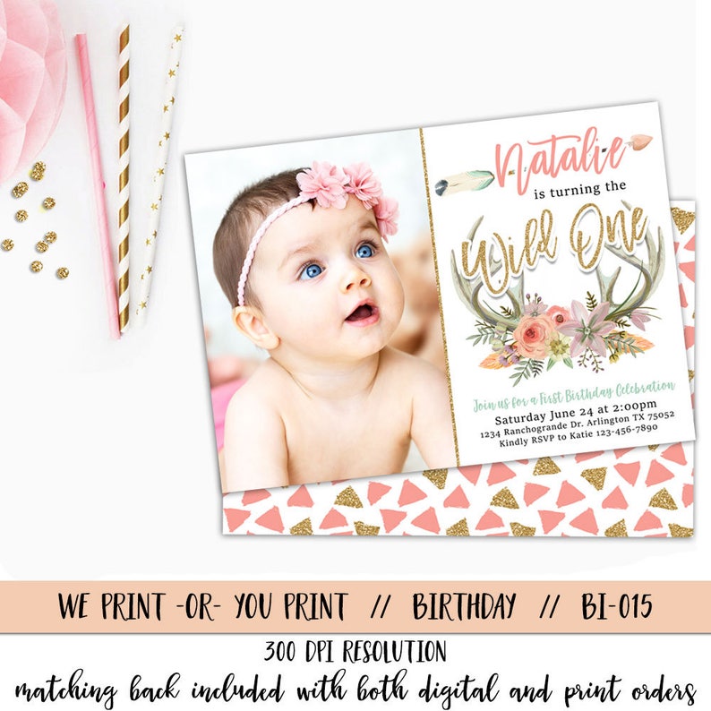 May include: A pink and gold birthday invitation with a photo of a baby girl. The invitation says "Natalie is turning the Wild One" and includes details for a first birthday celebration.