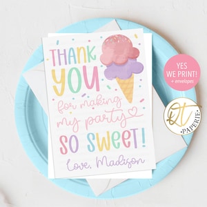 Sweet One carte de remerciements | Merci pour votre fête d'anniversaire de deux glaces sucrées | Carte imprimée ou numérique Sprinkles pastel avec enveloppe