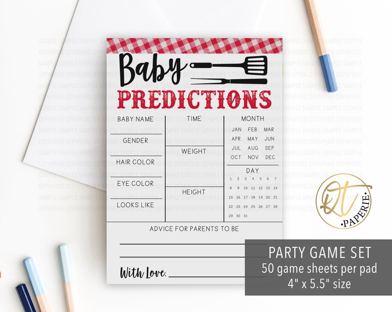 May include: A printable baby shower game with a red and white gingham background. The game is called "Baby Predictions" and includes categories for baby name, gender, weight, hair color, eye color, height, looks like, and advice for parents to be. The game is designed to be printed on 4 x 5.5 inch sheets of paper.