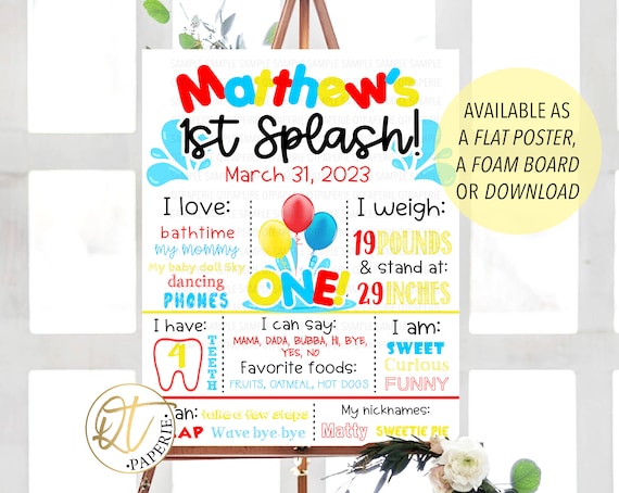 1st Splash Birthday Sign, 1st Birthday Milestone Poster, Swimming Birthday Sign, Pool Party Sign, Pool Birthday Sign, Birthday Stat Sign