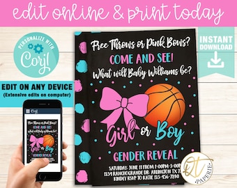 Instant Download Basketball Gender Reveal Invitation, Free Throws Pink Bows Invitation, Ball Bows Gender Reveal Invite, Basketball Reveal