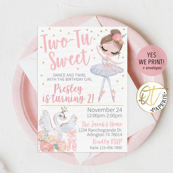 Two-Tu Ballerina Birthday Invitation, Twotu Ballerina Invitation, Ballet 2nd Birthday, Swan Ballerina Birthday, Tutu Birthday Invitation