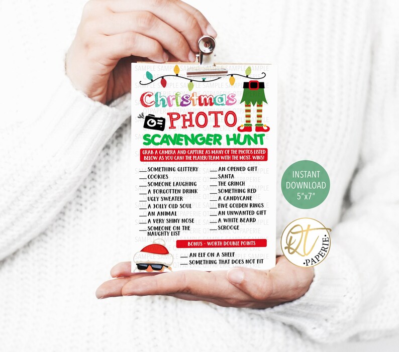 May include: A printable Christmas photo scavenger hunt game with a list of items to find and photograph. The list includes items like "something glittery", "cookies", "someone laughing", "a forgotten drink", "ugly sweater", "a jolly old soul", "an animal", "a very shiny nose", "someone on the naughty list", "an opened gift", "Santa", "the Grinch", "something red", "a candy cane", "five golden rings", "an unwanted gift", "a white beard", and "Scrooge". There is also a bonus section with "an elf on a shelf" and "something that does not fit".