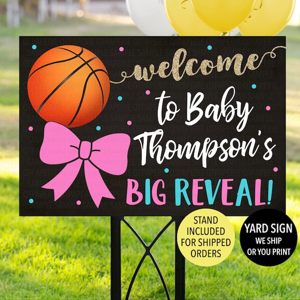 Basketball Welcome Gender Reveal Sign, Basketball Reveal Yard Sign, Basketball Gender Reveal Decoration, Outdoor Sign, Free Throws Pink Bows