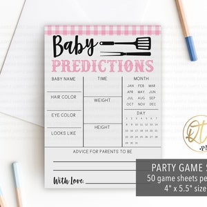 May include: Pink and white gingham baby shower game card with the text "Baby Predictions" and a list of categories for guests to guess about the baby, including baby name, hair color, eye color, weight, height, time of birth, month of birth, and day of birth. The card also includes a space for guests to write advice for the parents-to-be. The card is 4 inches by 5.5 inches and comes in a set of 50.