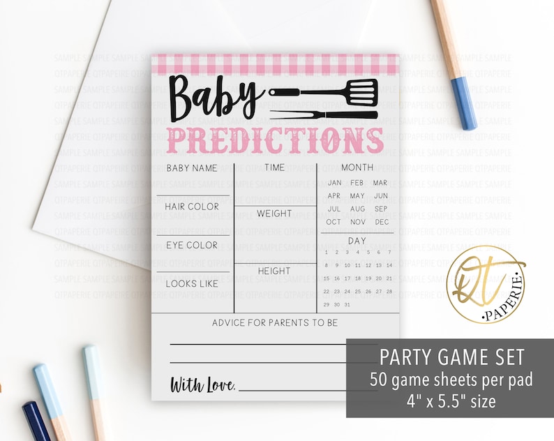 May include: Pink and white gingham baby shower game card with the text "Baby Predictions" and a list of categories for guests to guess about the baby, including baby name, hair color, eye color, weight, height, time of birth, month of birth, and day of birth. The card also includes a space for guests to write advice for the parents-to-be. The card is 4 inches by 5.5 inches and comes in a set of 50.
