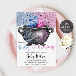 Baby Brewing Gender Reveal Invitation, Halloween Gender Reveal Invite, Pink Blue Cauldron Witches Brew Invitation Template