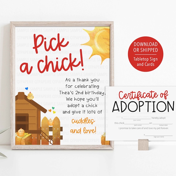 Pick A Chick Sign, Baby Chick Adoption Sign, Farm Adopt an Animal, Adoption Certificate, Barnyard Bash, Farm Birthday Decor, Farm Party