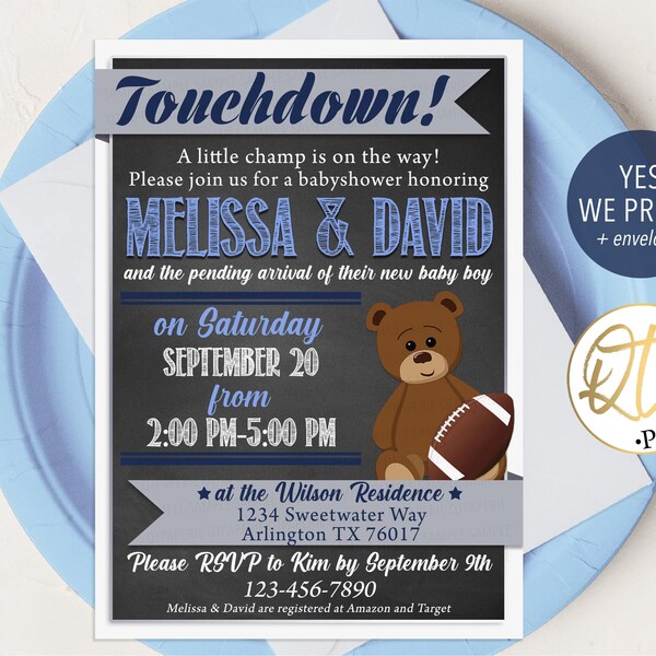 Football Baby Shower Invitation, Football Babyshower Invite, Football Baby Shower, Football Theme Baby Shower, Teddy Bear Football Shower