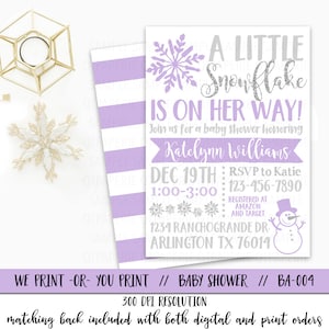 Lilac Snowflake Baby Shower Invitation, Winter Baby Shower Invite, Purple Winter Wonderland Baby Shower Invitation, Purple Snowflake Invite