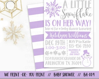 Lilac Snowflake Baby Shower Invitation, Winter Baby Shower Invite, Purple Winter Wonderland Baby Shower Invitation, Purple Snowflake Invite