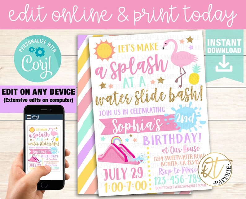 Water Slide Birthday Invitation, Water Slide Party Invitation, Water Slide Invitation, Water Splash Bash, Summer Birthday Invitation image 3
