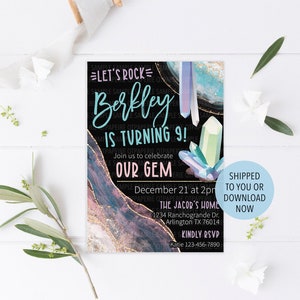 Crystal Birthday Invitation, Geode Invitation, Gemstone Birthday, Geode Crystal Birthday Invitation Instant Download, She&#39;s a Gem Invite