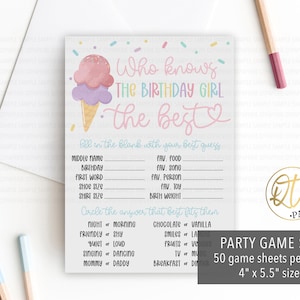 Jeu d'anniversaire | Qui connaît la meilleure fille qui fête son anniversaire | Deux activités de fête de crème glacée sucrée | Manette de jeu imprimable ou expédiée