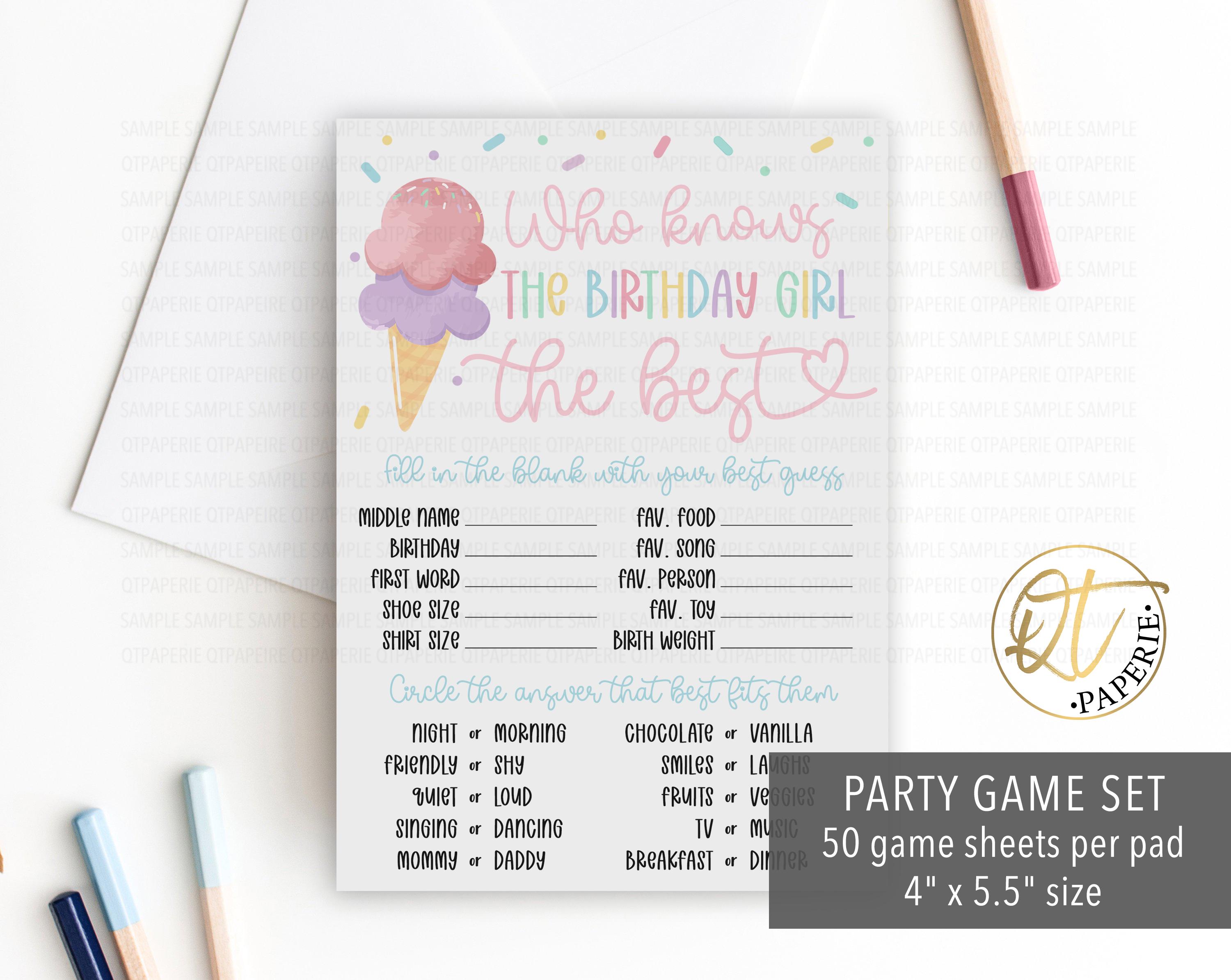 Sweet One Birthday Game | Who Knows the Birthday Girl Best Game | Two Sweet Ice Cream Party Activity | Printable or Shipped Game Pad
