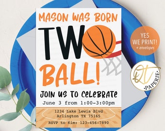 Born Two Ball Invitation, Basketball Birthday Invitation, Born 2 Ball, Boys 2nd Birthday Invite, Printed Basketball Invitation, Second