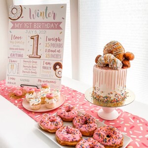 K&ouml;nnte beinhalten: Eine rosafarbene und wei&szlig;e Donut-Motto-Geburtstagsparty mit einer rosafarbenen Torte, die mit Donuts und Streuseln verziert ist. Die Torte steht auf einem goldenen Tortenst&auml;nder und einem wei&szlig;en Tortenst&auml;nder. Au&szlig;erdem gibt es Donuts auf einem wei&szlig;en Teller und Cupcakes auf einem rosafarbenen Teller. Der Hintergrund ist eine rosafarbene und wei&szlig;e Tischdecke mit einem Donut-Muster. Das Schild sagt "Winter, My 1st Birthday, July 5, 2021".