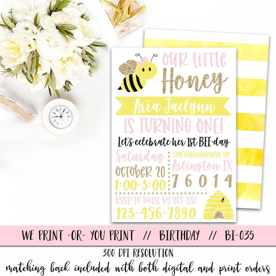 Bee Birthday Invitation, 1st Bee-Day Invitation, Bee First Birthday Invite, Bee Party, First Bee-Day Invite, Bumblebee Invitation