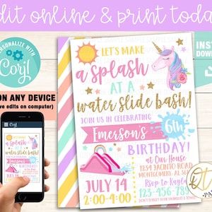 May include: A vibrant invitation for a water slide birthday party. The design includes a unicorn, a water slide illustration, and the text "Let's make a splash at a water slide bash!" The invitation includes the date, time, and location.