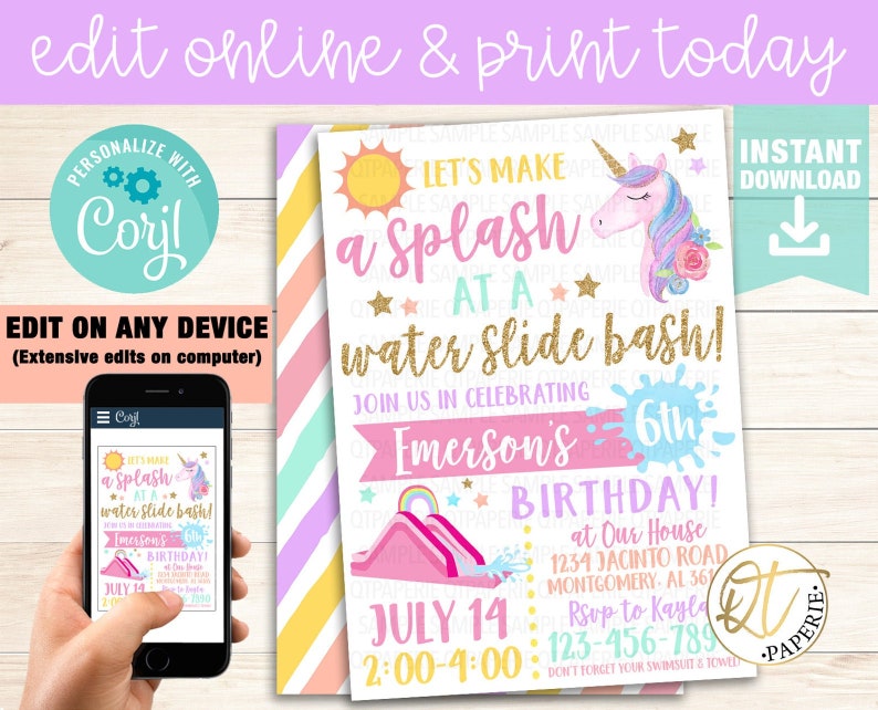 May include: A vibrant invitation for a water slide birthday party. The design includes a unicorn, a water slide illustration, and the text "Let's make a splash at a water slide bash!" The invitation includes the date, time, and location.