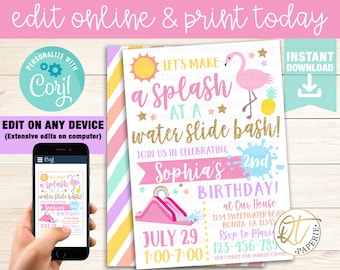 Water Slide Invitation Template, Water Slide Birthday Invitation, Waterslide Party Invitation, Summer Birthday Invite, Water Slide Invite