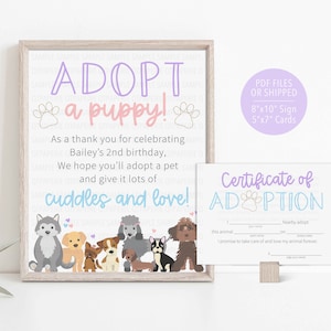 Adopt a Puppy Sign, Puppy Adoption Certificate, Puppy Birthday, Dog Animal Adoption, Stuffed Dog Adoption, Puppy Birthday Decor