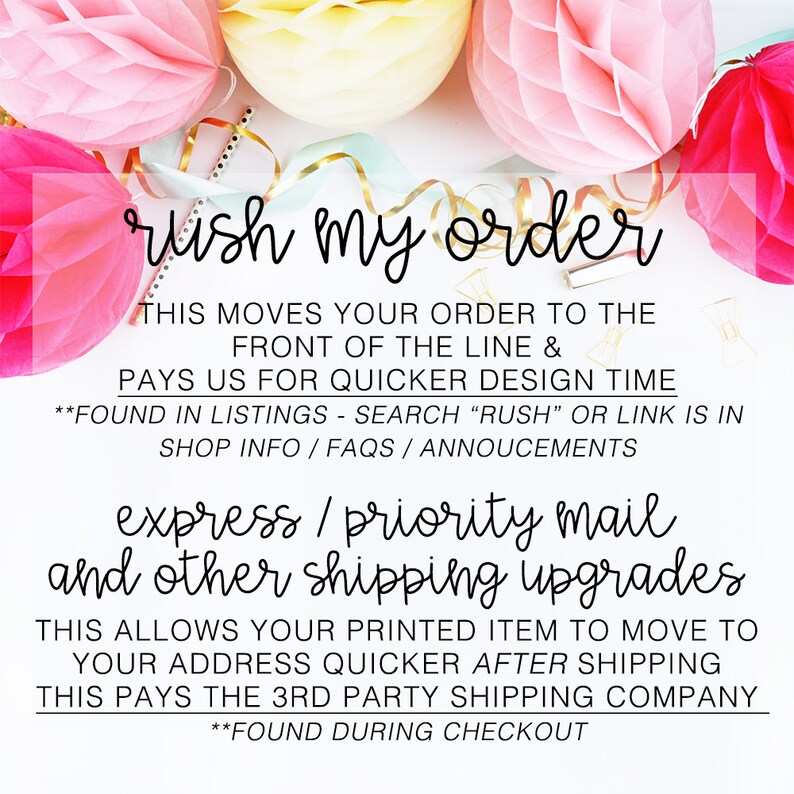Op de afbeelding: Tekstafbeelding met de woorden "Rush my order" in roze en wit. De tekst legt uit dat deze optie uw bestelling naar voren in de rij verplaatst en betaalt voor een snellere ontwerptijd. Het legt ook uit dat "express/priority mail and other shipping upgrades" ervoor zorgen dat uw gedrukte artikel sneller naar uw adres wordt verzonden nadat het is verzonden. De tekst legt ook uit dat dit de externe verzendonderneming betaalt.