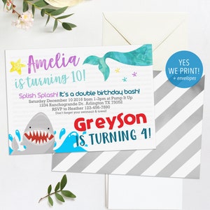 Mermaid and Shark Sibling Invitation, Pool Party Sibling Birthday Invitation, Shark Mermaid Invitation, Dual Pool Party Invitation, Invite