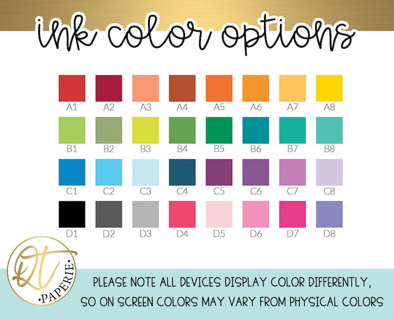 K&ouml;nnte beinhalten: Eine Tabelle mit 32 verschiedenen Tintenfarbenoptionen f&uuml;r ein Produkt. Die Farben sind in Reihen und Spalten angeordnet und mit A1 bis D8 beschriftet. Die Tabelle tr&auml;gt den Titel "ink color options".
