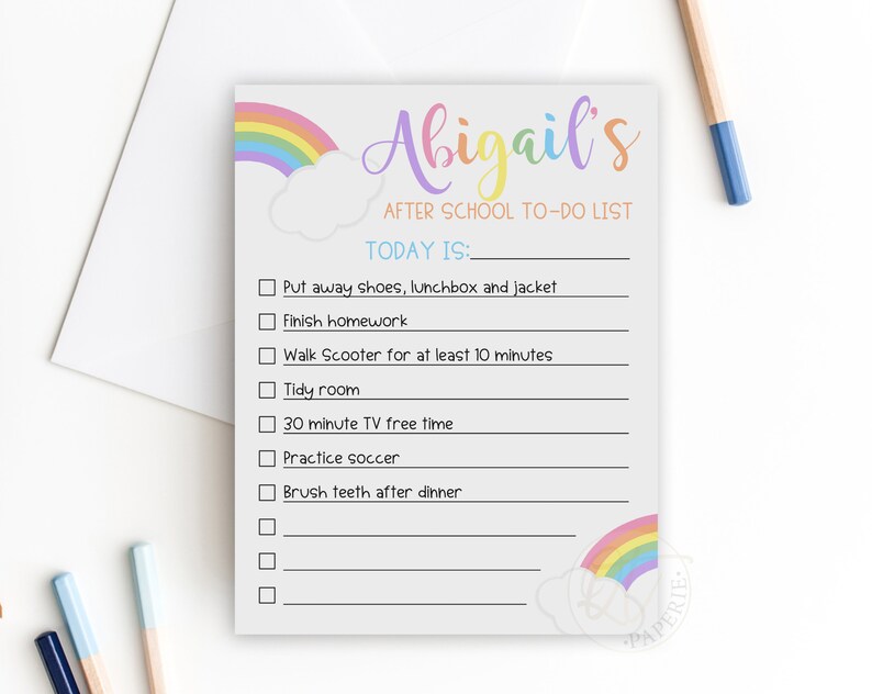 May include: A printable checklist with a rainbow and cloud design. The checklist is titled "Abigail's After School To-Do List" and includes tasks such as "Put away shoes, lunchbox and jacket", "Finish homework", "Walk Scooter for at least 10 minutes", "Tidy room", "30 minute TV free time", "Practice soccer", and "Brush teeth after dinner".