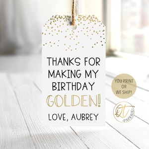 Étiquette d'anniversaire dorée, étiquette de cadeau d'anniversaire en or, étiquette de fête d'anniversaire en or, anniversaire d'or de garçon Merci, 10e décoration d'anniversaire d'or