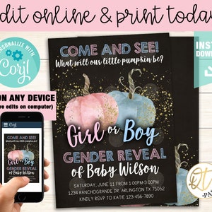 Pumpkin Gender Reveal Invitation, Fall Gender Reveal, What Will Little Pumpkin Be Invitation, Instant Download Pumpkin Gender Reveal invite