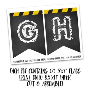 Puede incluir: Banner imprimible con las letras "GH" en blanco sobre un fondo de pizarra negra. El banner est&aacute; decorado con cinta de advertencia amarilla y negra. El texto "EACH PDF CONTAINS (2) 5"x7" FLAGS PRINT ONTO 8.5"x11" PAPER CUT & ASSEMBLE!" est&aacute; impreso debajo del banner.