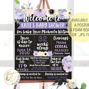 May include: A chalkboard style baby shower sign featuring purple and white flowers. The sign reads "Welcome to Katie's Baby Shower for baby Tyrce Michaela Wilson". It also includes details about the baby's due date, cravings, and size.