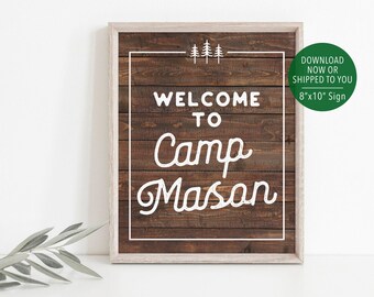 Camping Welcome Sign, Welcome to Camp Sign, Printed Camping Name Sign, Camp Party Sign, Camping Party Decor, Rustic Camp Birthday Decoration