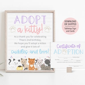 Adopt a Kitten Sign, Kitty Adoption Certificate, Kitten Birthday, Cat Animal Adoption, Stuffed Cat Adoption, Kitty Birthday Decor