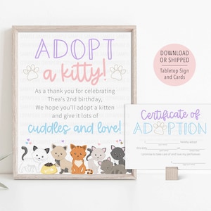 Adopt a Kitten Sign, Kitty Adoption Certificate, Kitten Birthday, Cat Animal Adoption, Stuffed Cat Adoption, Kitty Birthday Decor