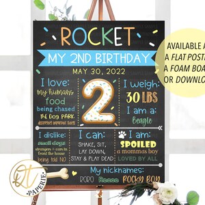 May include: A chalkboard-style birthday sign for a dog's 2nd birthday. The sign is decorated with colourful confetti and a donut-shaped number 2. The sign includes information about the dog, such as their weight (30 lbs), breed (Beagle), and favourite things. The sign also includes the dog's nicknames: Roro, Rocco, and Rocky Boy.