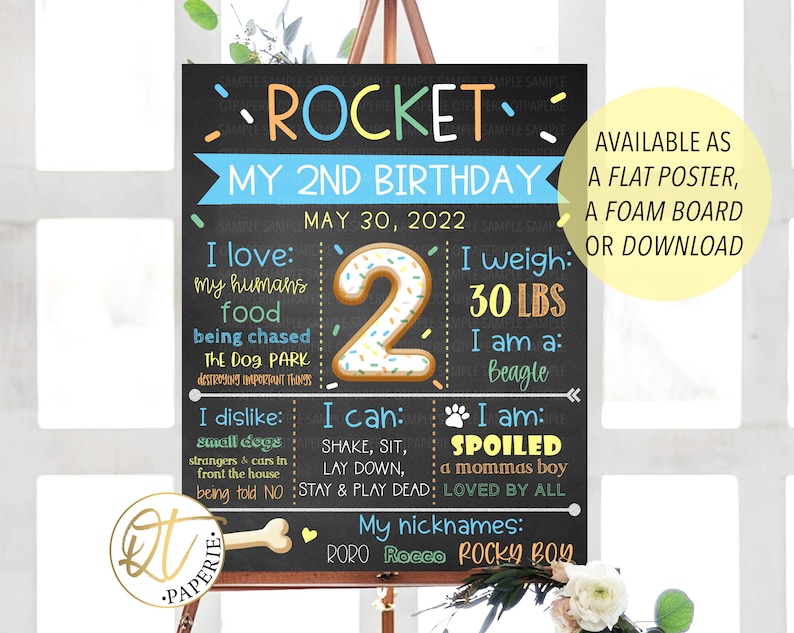 May include: A chalkboard-style birthday sign for a dog's 2nd birthday. The sign is decorated with colourful confetti and a donut-shaped number 2. The sign includes information about the dog, such as their weight (30 lbs), breed (Beagle), and favourite things. The sign also includes the dog's nicknames: Roro, Rocco, and Rocky Boy.