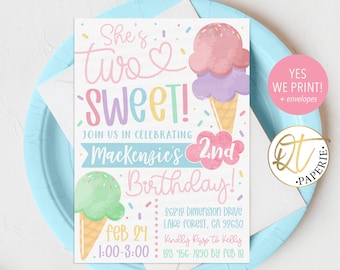 May include: A pink and blue ice cream cone birthday invitation with the text "She's Two Sweet!" and "Mackenzie's 2nd Birthday!"  The invitation includes the date, time, and address for the party.  RSVP information is also included.