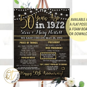 May include: A black and gold 50th anniversary poster with a rustic wood background. The poster features the text "50 Years Ago... in 1972" and "Steve & Mary Nestell". It also includes a list of prices for common goods in 1972, the names of the president and vice president, and the top-grossing film of the year. The poster is available as a flat poster, foam board, or download.